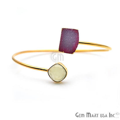 Gemstone With Druzy Gold Edged Adjustable Stacking Bangle Bracelet