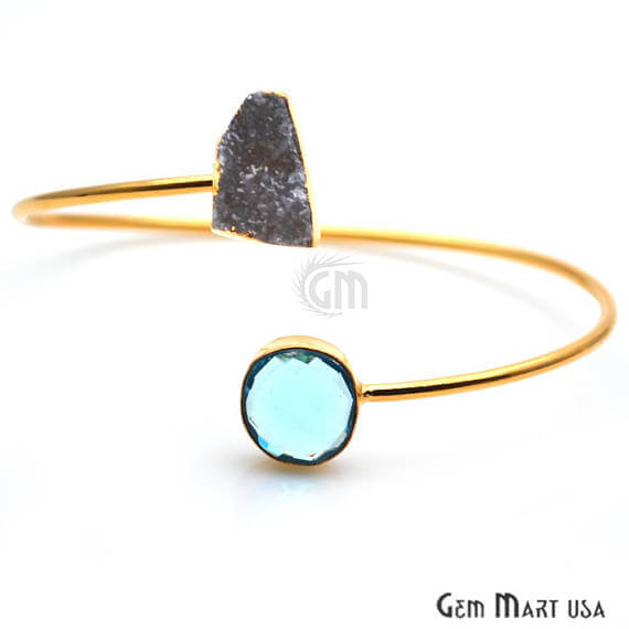 Gold Electroplated Adjustable Gemstone with Druzy Stacking Bangle Bracelet - GemMartUSA