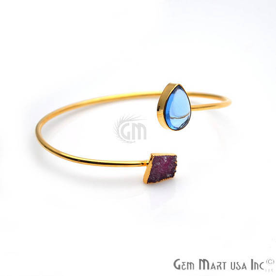 Gold Electroplated Adjustable Gemstone with Druzy Stacking Bangle Bracelet - GemMartUSA