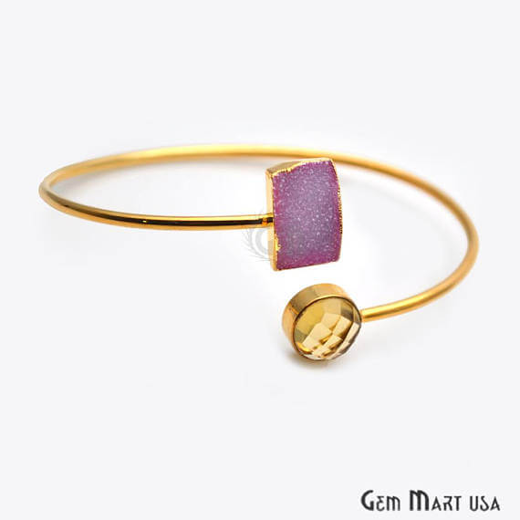 Gold Electroplated Adjustable Gemstone with Druzy Stacking Bangle Bracelet - GemMartUSA