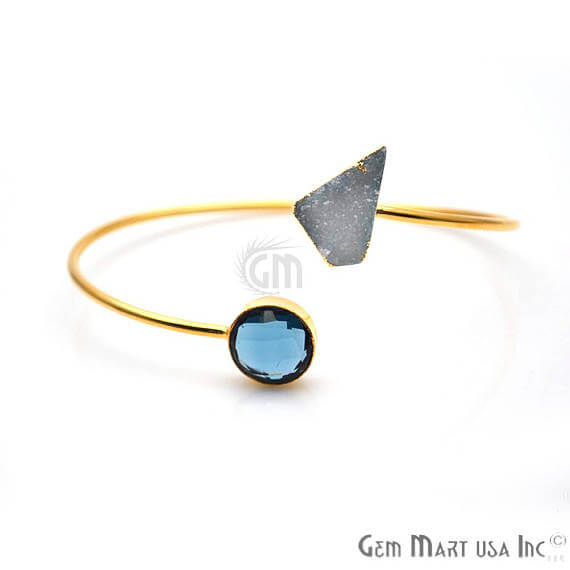 Gold Electroplated Adjustale Gemstone with Druzy Stacking Bangle Bracelet - GemMartUSA