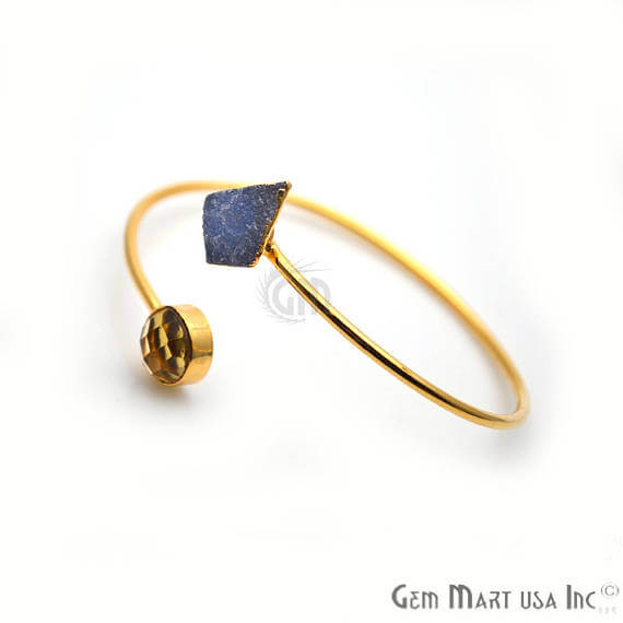 Gold Electroplated Adjustable Gemstone with Druzy Stacking Bangle Bracelet - GemMartUSA