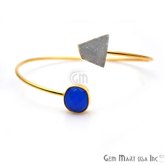 Gold Electroplated Adjustable Gemstone with Druzy Stacking Bangle Bracelet - GemMartUSA