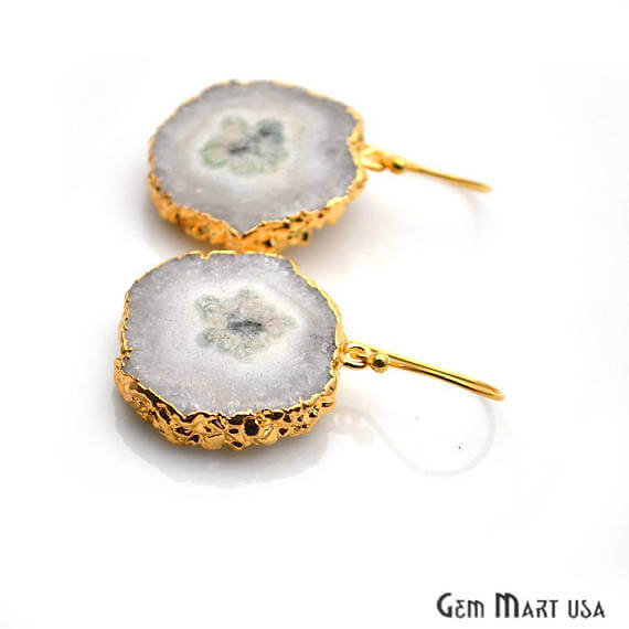 White Solar Druzy Organic Shape Gold Electroplated 28x25mm Dangle Hook Earring - GemMartUSA