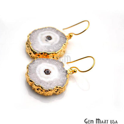 White Solar Druzy Organic Shape Gold Electroplated 28x24mm Dangle Hook Earring - GemMartUSA