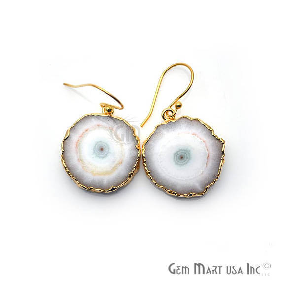 White Solar Druzy Organic Shape Gold Electroplated 27x24mm Dangle Hook Earring - GemMartUSA