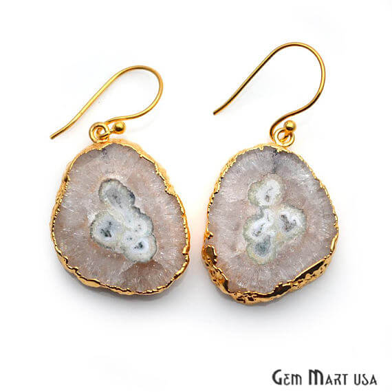 White Solar Druzy Organic Shape Gold Electroplated 32x24mm Dangle Hook Earring - GemMartUSA