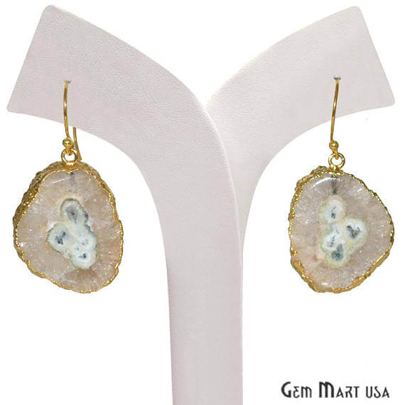 White Solar Druzy Organic Shape Gold Electroplated 32x24mm Dangle Hook Earring - GemMartUSA