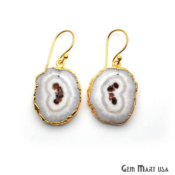 White Solar Druzy Organic Shape Gold Electroplated 29x21mm Dangle Hook Earring - GemMartUSA