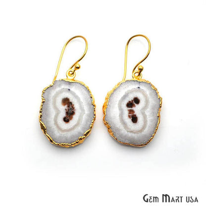 White Solar Druzy Organic Shape Gold Electroplated 29x21mm Dangle Hook Earring - GemMartUSA