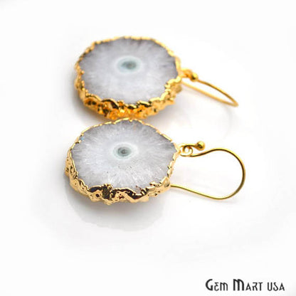 White Solar Druzy Organic Shape Gold Electroplated 30x25mm Dangle Hook Earring - GemMartUSA