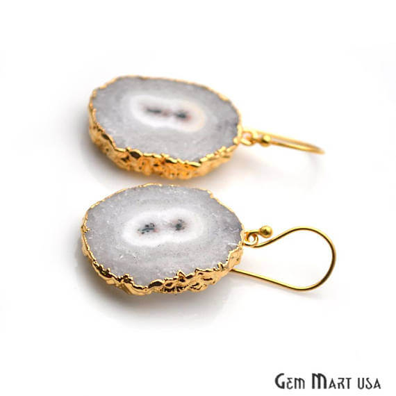 White Solar Druzy Organic Shape Gold Electroplated 32x25mm Dangle Hook Earring - GemMartUSA