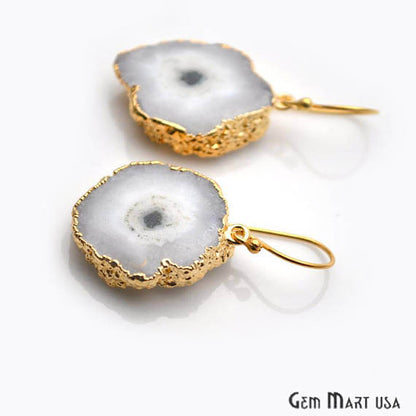 White Solar Druzy Organic Shape Gold Electroplated 22x27mm Dangle Hook Earring - GemMartUSA