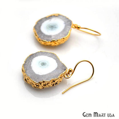 White Solar Druzy Organic Shape Gold Electroplated 24x28mm Dangle Hook Earring - GemMartUSA