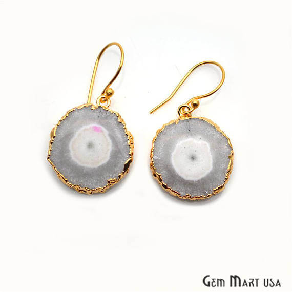 White Solar Druzy Organic Shape Gold Electroplated 26x22mm Dangle Hook Earring (DZER-12795) - GemMartUSA