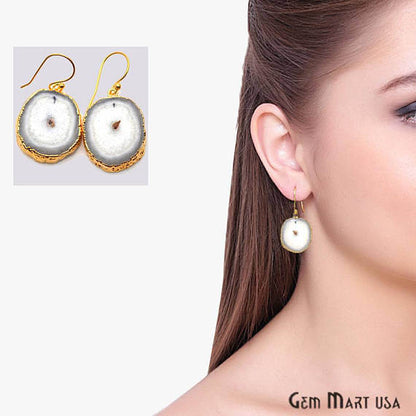 White Solar Druzy Organic Shape Gold Electroplated 30x23mm Dangle Hook Earring - GemMartUSA