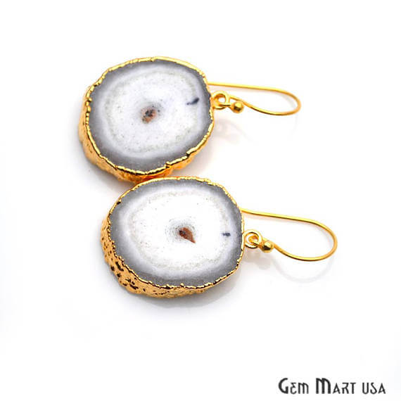 White Solar Druzy Organic Shape Gold Electroplated 30x23mm Dangle Hook Earring - GemMartUSA