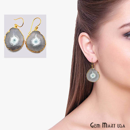 White Solar Druzy Organic Shape Gold Electroplated 25x32mm Dangle Hook Earring - GemMartUSA