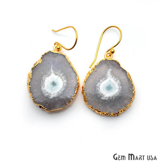 White Solar Druzy Organic Shape Gold Electroplated 25x32mm Dangle Hook Earring - GemMartUSA