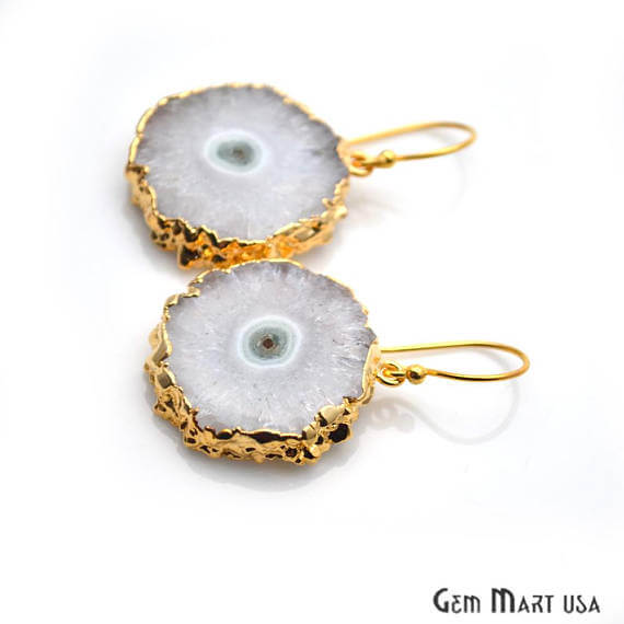 White Solar Druzy Organic Shape Gold Electroplated 29x25mm Dangle Hook Earring - GemMartUSA