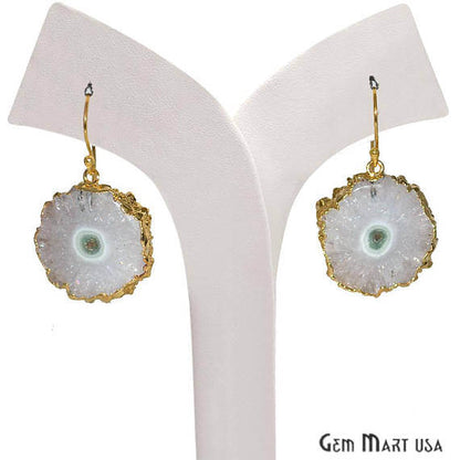 White Solar Druzy Organic Shape Gold Electroplated 29x25mm Dangle Hook Earring - GemMartUSA