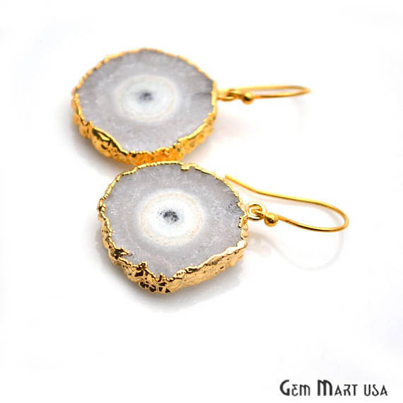 White Solar Druzy Organic Shape Gold Electroplated 25x29mm Dangle Hook Earring - GemMartUSA