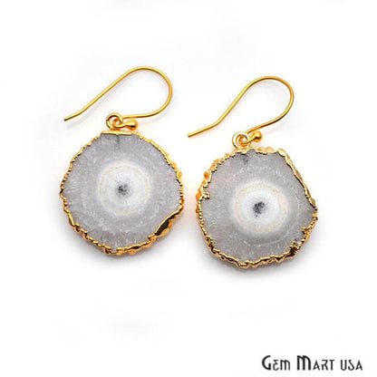 White Solar Druzy Organic Shape Gold Electroplated 25x29mm Dangle Hook Earring - GemMartUSA