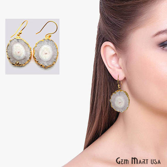 White Solar Druzy Organic Shape Gold Electroplated 29x23mm Dangle Hook Earring - GemMartUSA