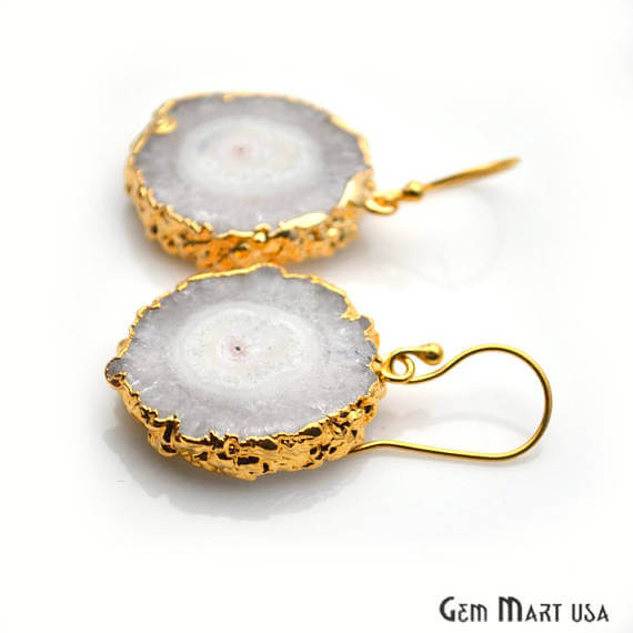 White Solar Druzy Organic Shape Gold Electroplated 29x23mm Dangle Hook Earring - GemMartUSA