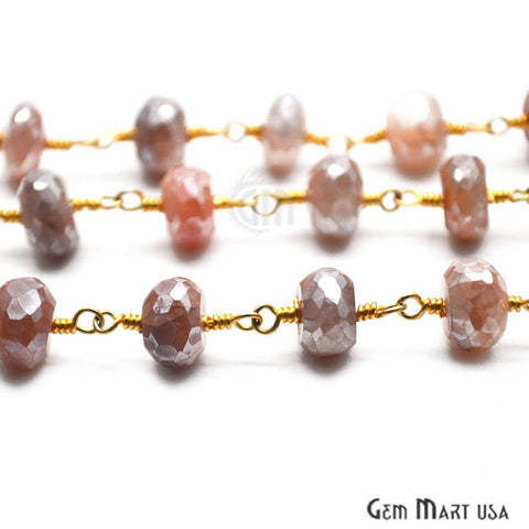 Peach Moonstone Beads Chain, Gold Plated Wire Wrapped Rosary Chain (764030550063)