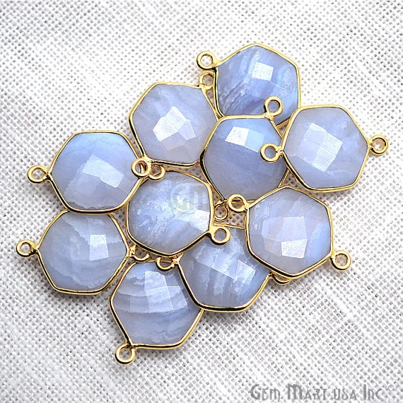 Blue Lace Agate Bezel Connector Hexagon Shape 24k Gold Plated Double Bail Connector (EL-10379) - GemMartUSA