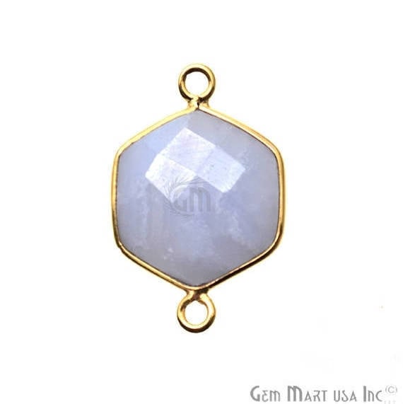 Blue Lace Agate Bezel Connector Hexagon Shape 24k Gold Plated Double Bail Connector (EL-10379) - GemMartUSA