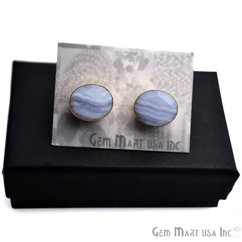 Blue Lace Agate Oval Shape Gold Plated Gemstone Studs Earrings (EL-90039) - GemMartUSA