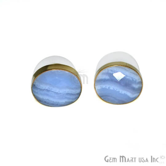 Blue Lace Agate Oval Shape Gold Plated Gemstone Studs Earrings (EL-90039) - GemMartUSA