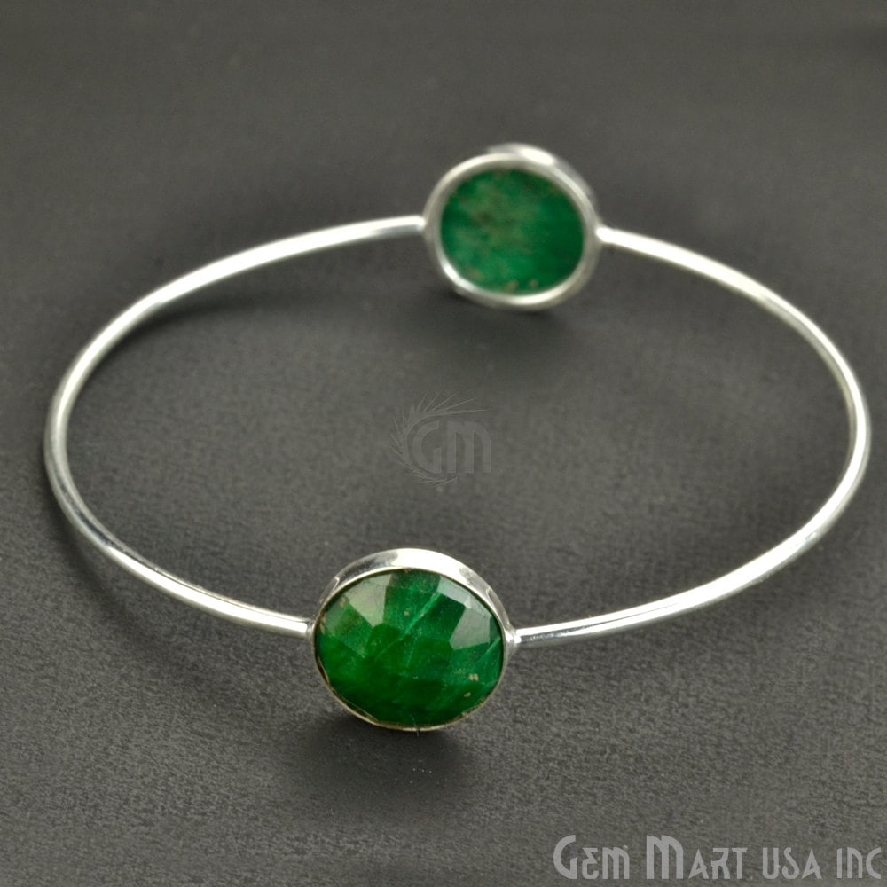 Natural Emerald 14mm Round Adjustable Interlock Silver Plated Bangle Bracelet - GemMartUSA (754990383151)