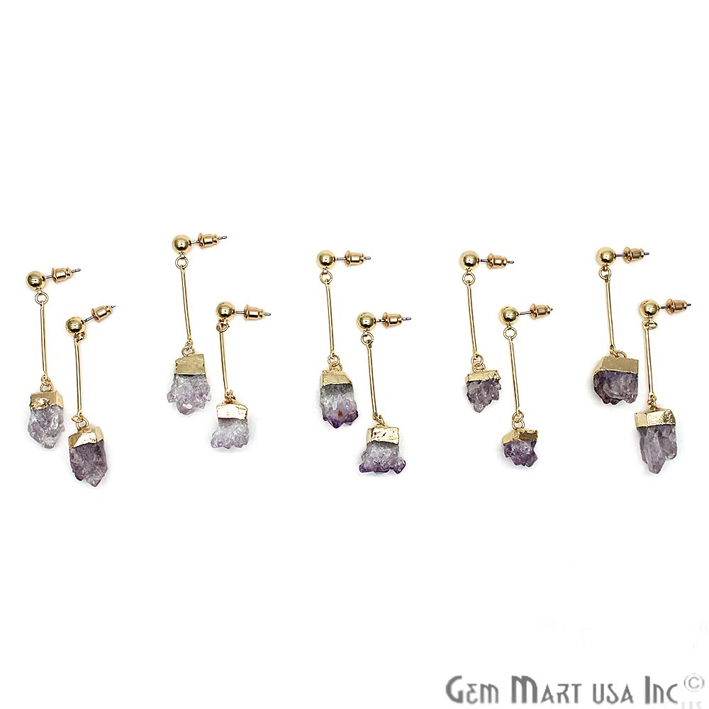 Rough Amethyst 12mm Gold Electroplated Dangle Stud Earring (CHPR-50728) - GemMartUSA