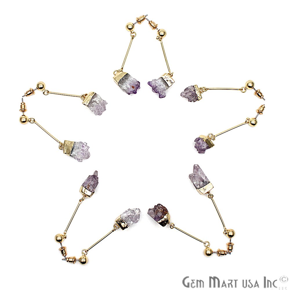 Rough Amethyst 12mm Gold Electroplated Dangle Stud Earring (CHPR-50728) - GemMartUSA