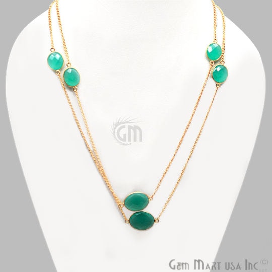 Aqua Chalcedony Bezel Connector Oval Shape Gold Plated 36 Inch Necklace Chain - GemMartUSA (755178733615)
