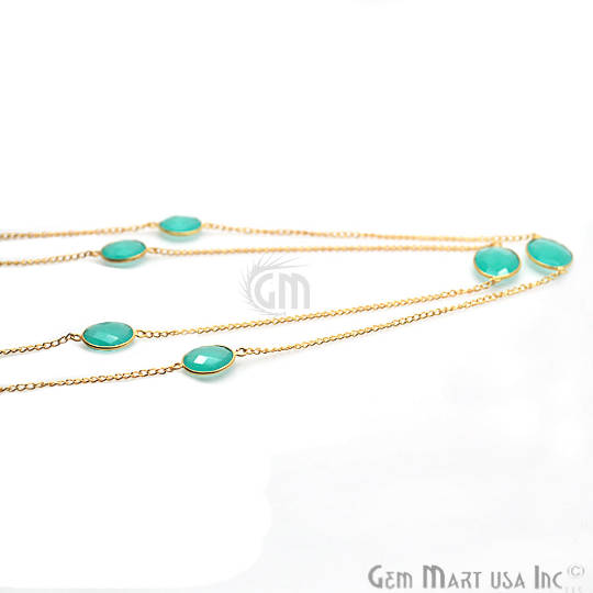 Aqua Chalcedony Bezel Connector Oval Shape Gold Plated 36 Inch Necklace Chain - GemMartUSA (755178733615)