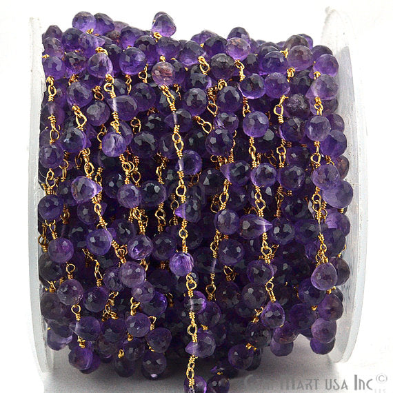 Amethyst Tear Drops Beads Gold Plated Wire Wrapped Briolette Rosary Chain - GemMartUSA (762763378735)