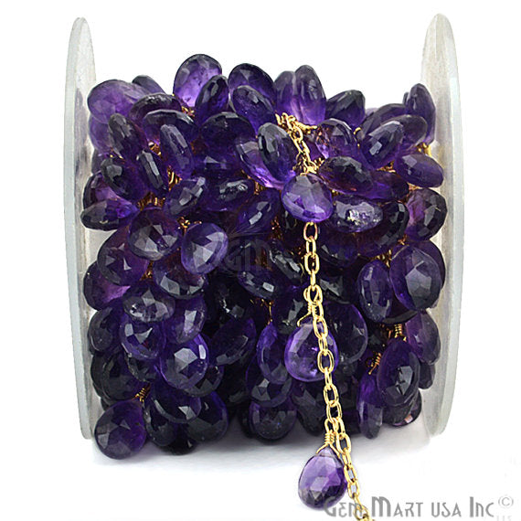 Amethyst Tear Drops Beads Gold Plated Wire Wrapped Briolette Rosary Chain - GemMartUSA (762763870255)