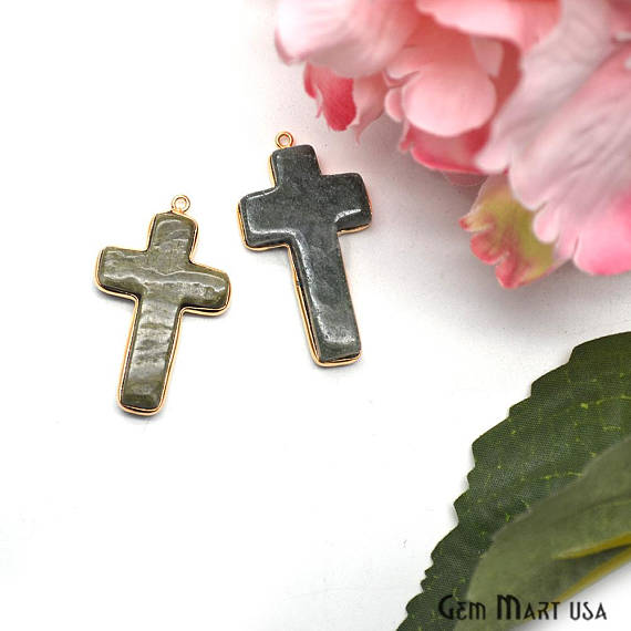 Aventurine Cross Pendant, Gold Plated Gemstone Necklace Chain Pendant (GPAV-50070) - GemMartUSA (764134260783)