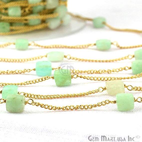 Amazonite Box Beads Gold Plated Wire Wrapped Rosary Chain - GemMartUSA (762903724079)