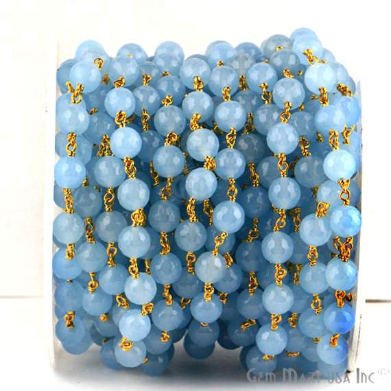 Baby Blue Jade Beads Gold Plated Wire Wrapped Rosary Chain - GemMartUSA (762908377135)