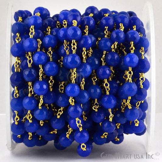 Blue Jade 8mm Beads Gold Plated Wire Wrapped Rosary Chain - GemMartUSA (762910638127)