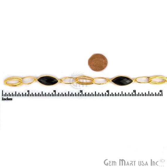 Black Onyx 10x20mm Marquise Shape Gold Plated Bezel Connector Chain - GemMartUSA