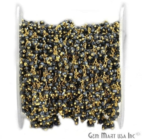 Black Pyrite Faceted Beads Gold Wire Wrapped Cluster Dangle Rosary Chain - GemMartUSA (764162572335)