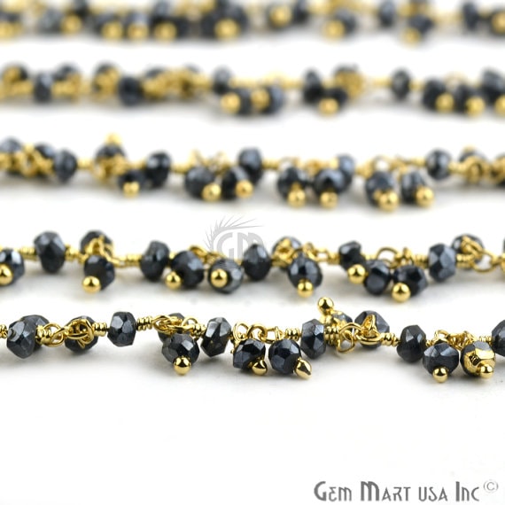 Black Pyrite Faceted Beads Gold Wire Wrapped Cluster Dangle Rosary Chain - GemMartUSA (764162572335)