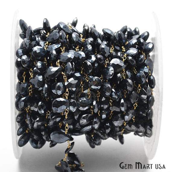 Black Pyrite Gold Plated Wire Wrapped Cluster Dangle Rosary Chain - GemMartUSA (762918338607)