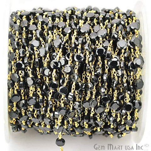 Black Spinel Coin 5mm Gold Plated Wire Wrapped Beads Rosary Chain - GemMartUSA (762921353263)
